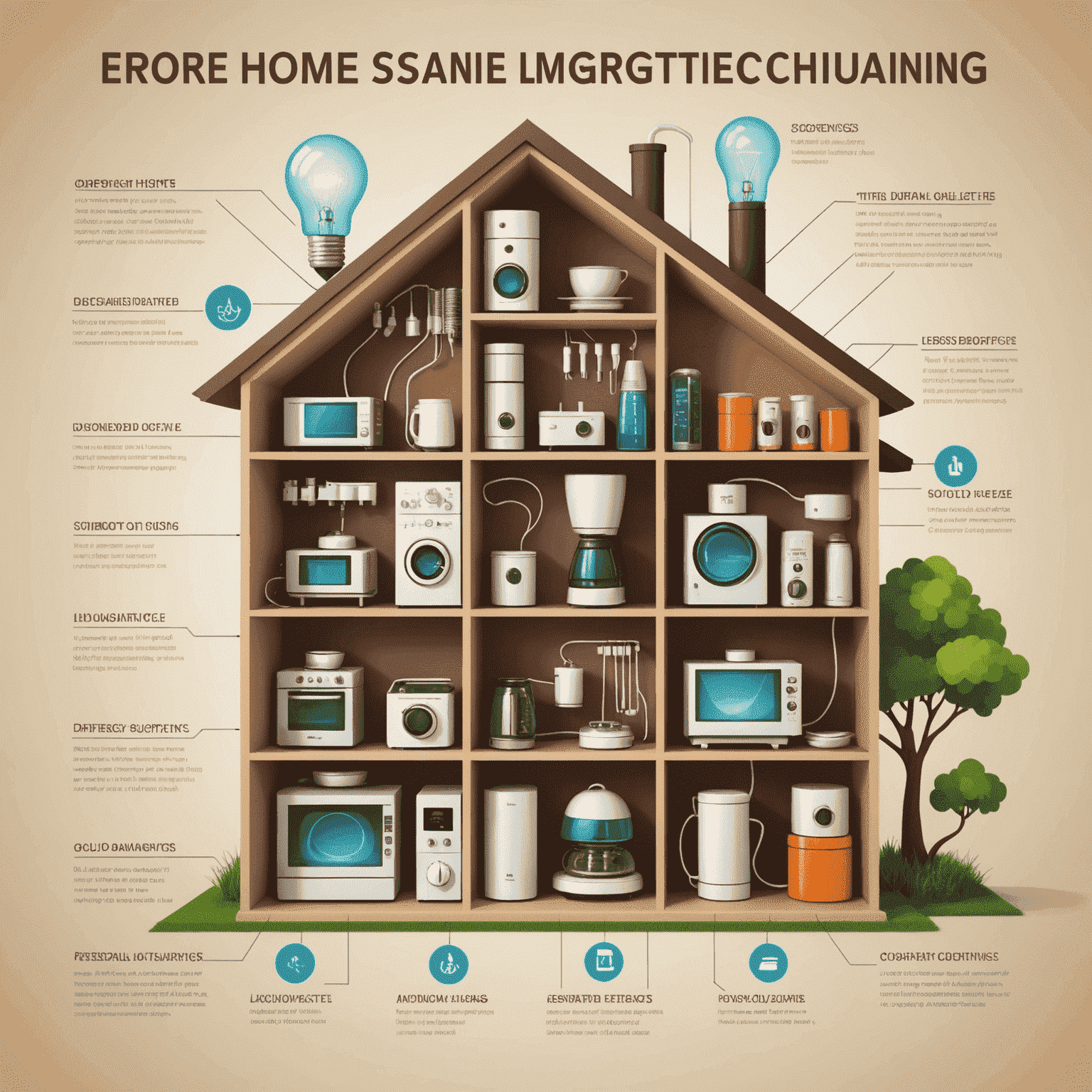 Infographic showing various energy-saving techniques for home appliances and lighting