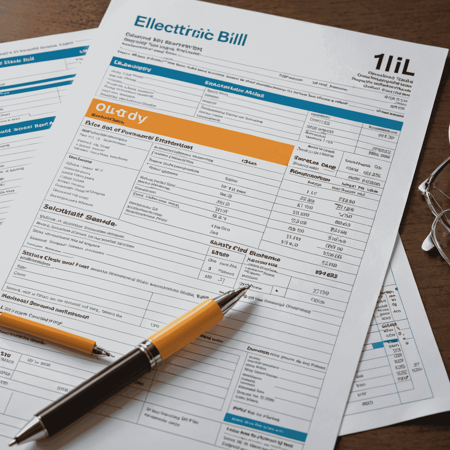 A detailed electricity bill with various sections highlighted, showing a breakdown of charges and usage