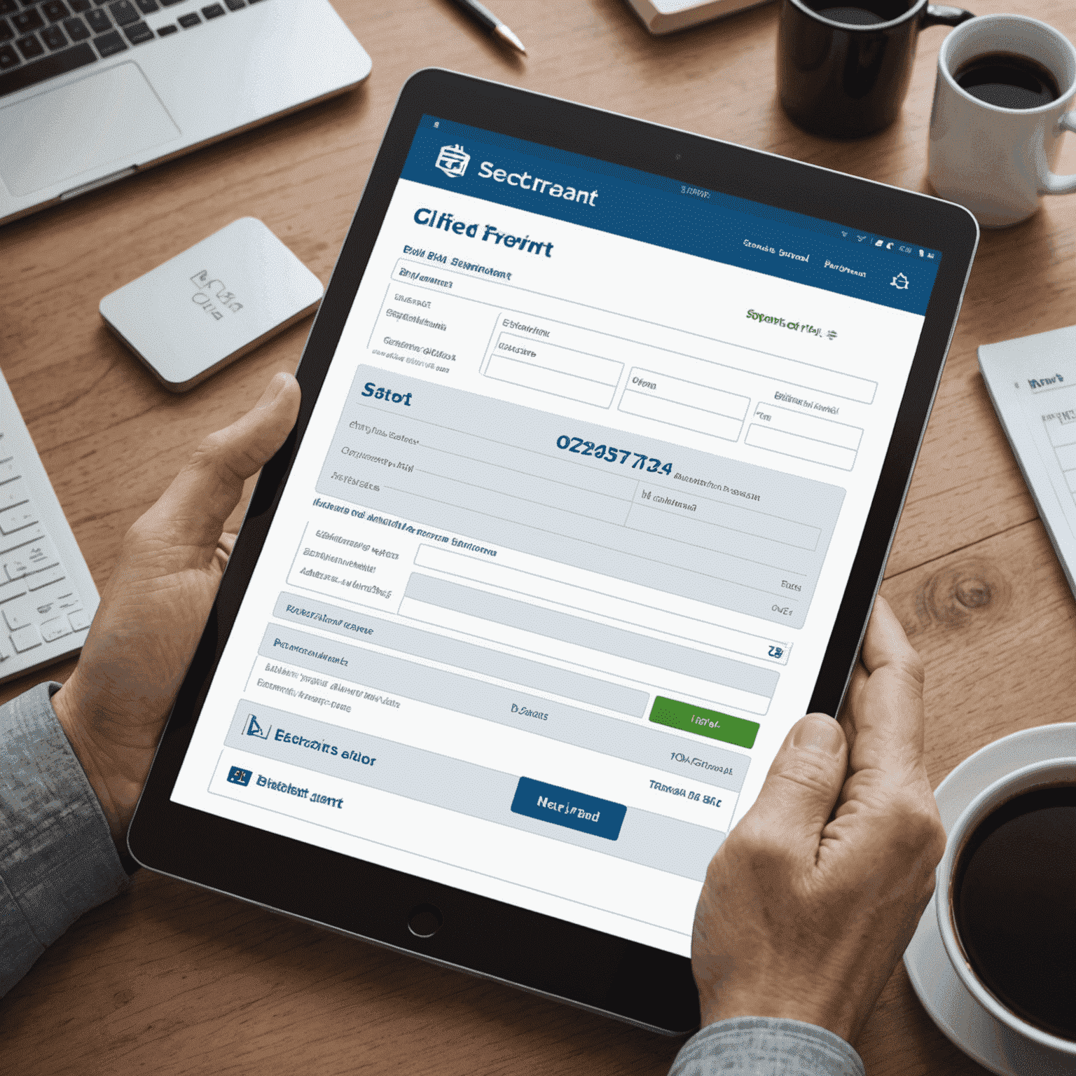 A secure online platform interface showing a bill payment form with fields for account number, amount, and payment method. The image conveys trust and ease of use.