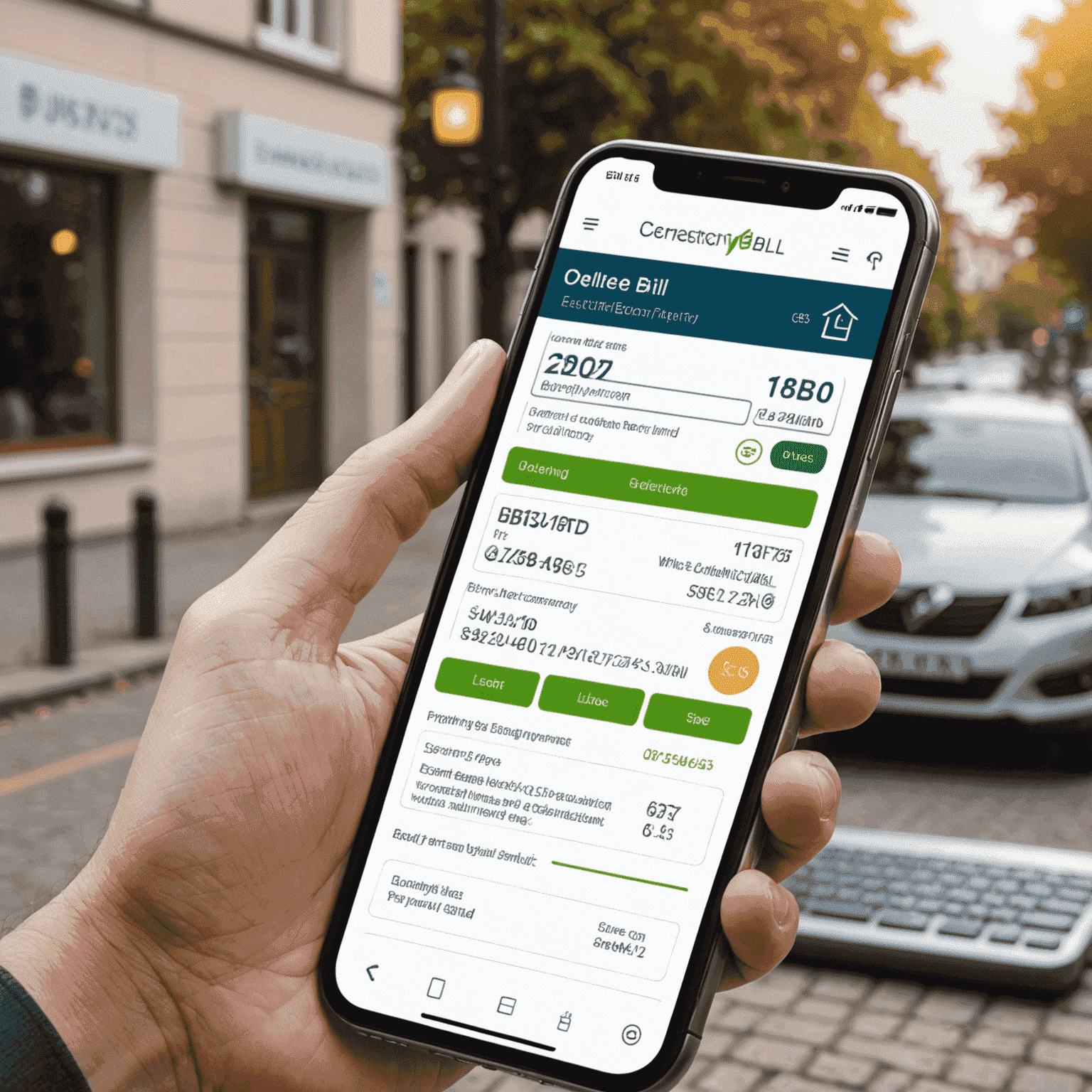 A secure and user-friendly interface for online electricity bill payment, showing a smartphone with a payment confirmation screen and a power line in the background