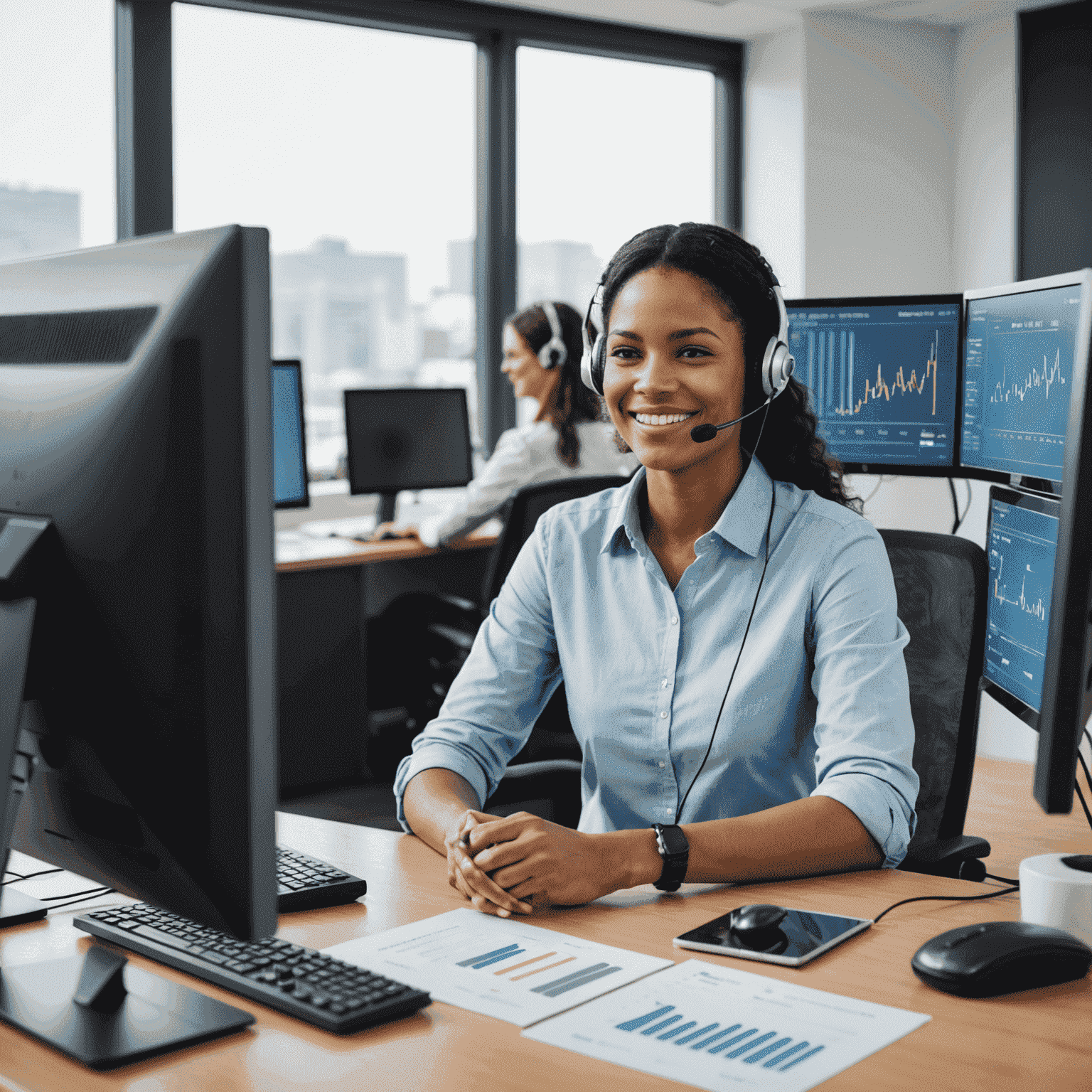 A friendly customer support representative assisting a client with their electricity bill payment. The image shows a smiling agent wearing a headset, sitting at a modern desk with multiple computer screens displaying energy usage graphs and payment portals.