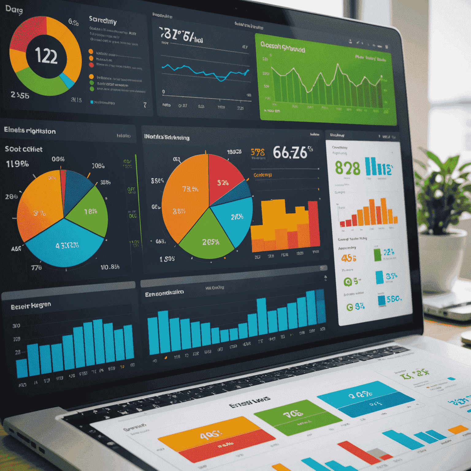 A dashboard showing energy consumption graphs, charts, and statistics. The image includes colorful visual representations of daily, weekly, and monthly electricity usage patterns.