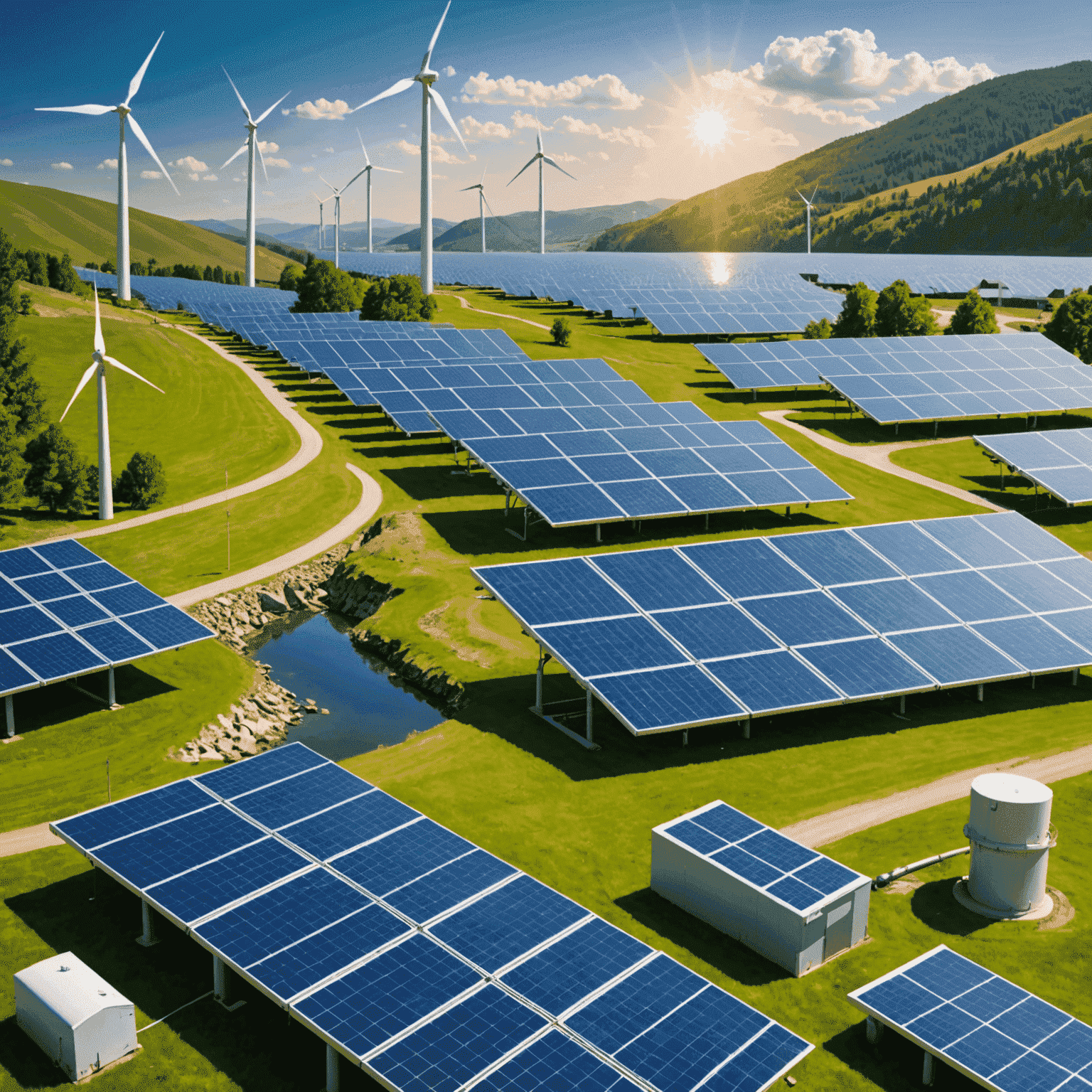 Collage of renewable energy sources including solar panels, wind turbines, and hydroelectric dams