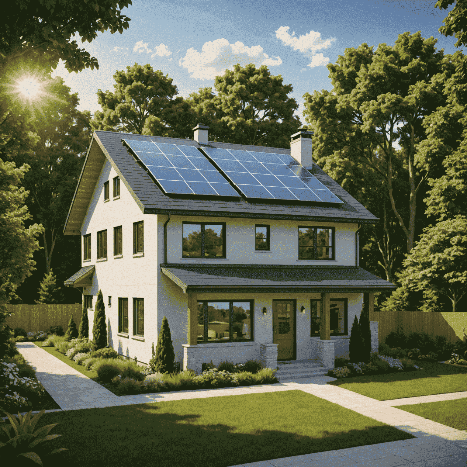 A modern suburban home with solar panels installed on the roof, surrounded by lush greenery, symbolizing eco-friendly and energy-efficient living