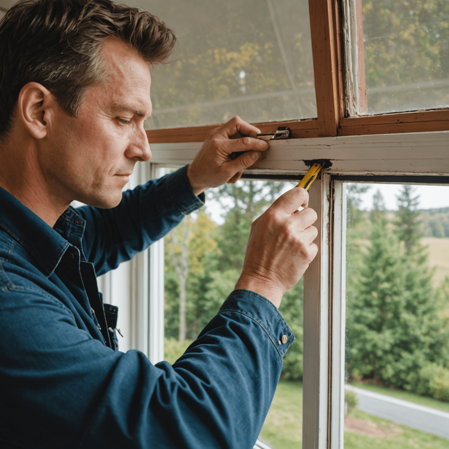 A person applying weatherstripping to a window frame