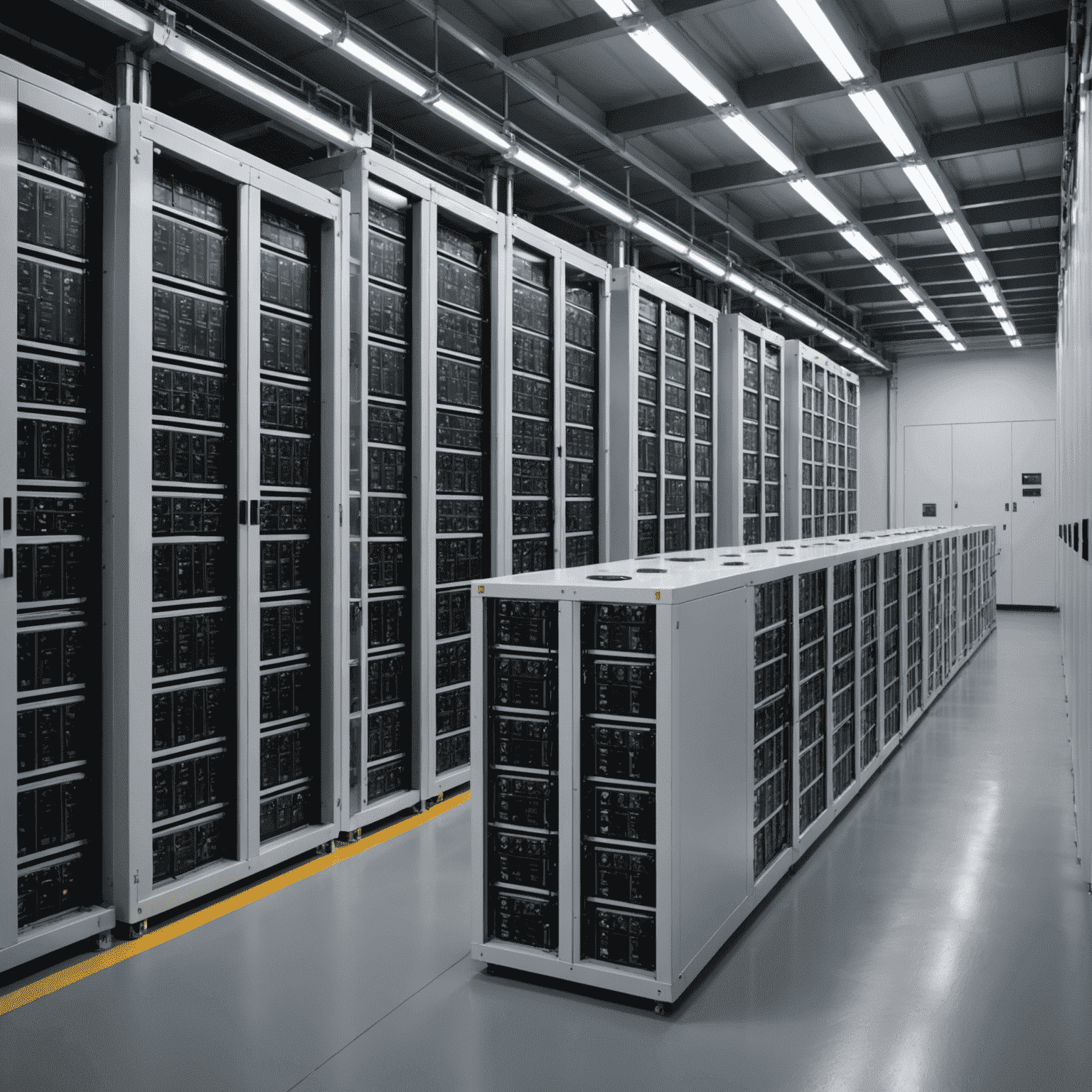 Large-scale battery storage facility with rows of lithium-ion batteries and monitoring equipment.