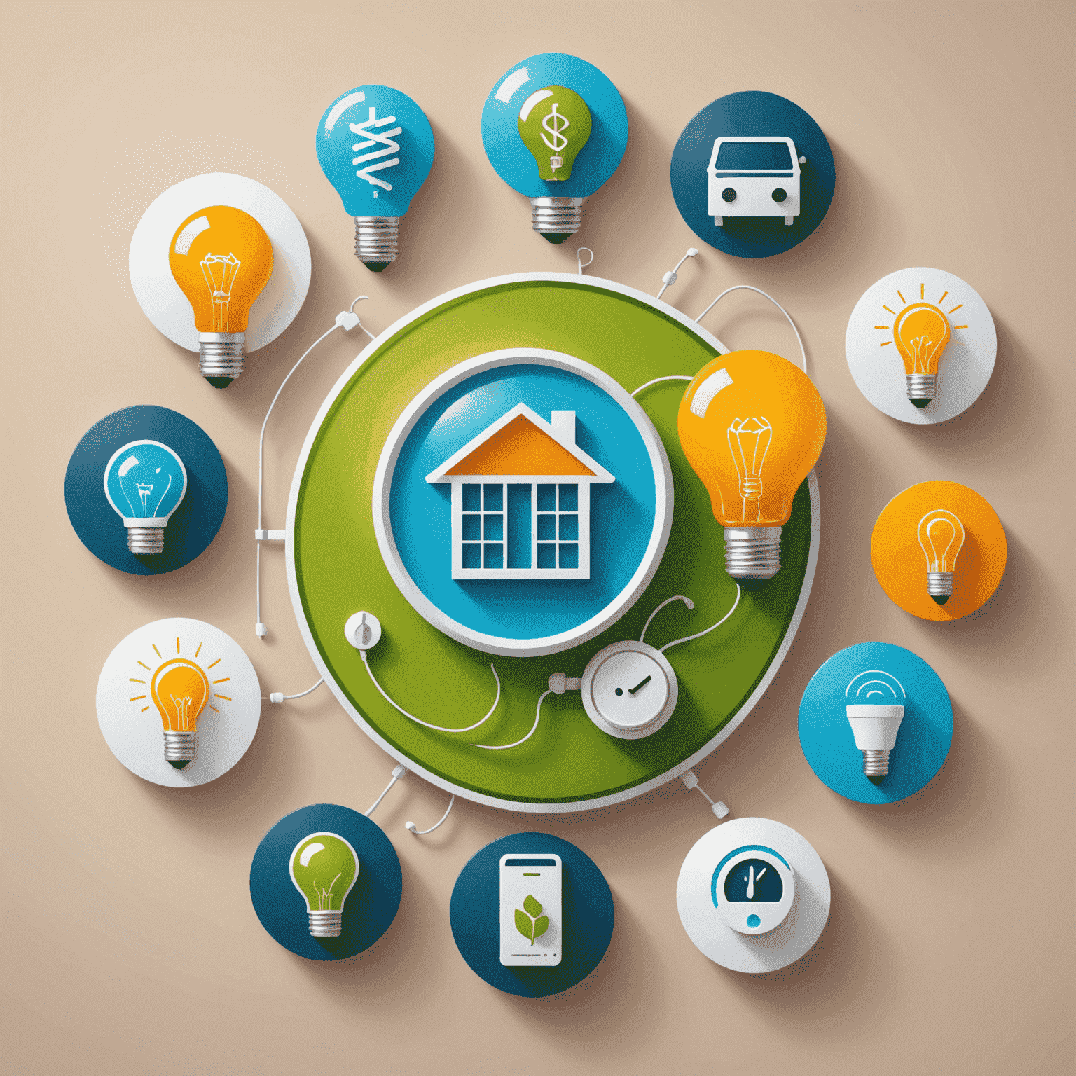 A collection of energy-saving icons and illustrations, including LED bulbs, a smart thermostat, and energy-efficient appliances. The image suggests practical ways to reduce electricity consumption.