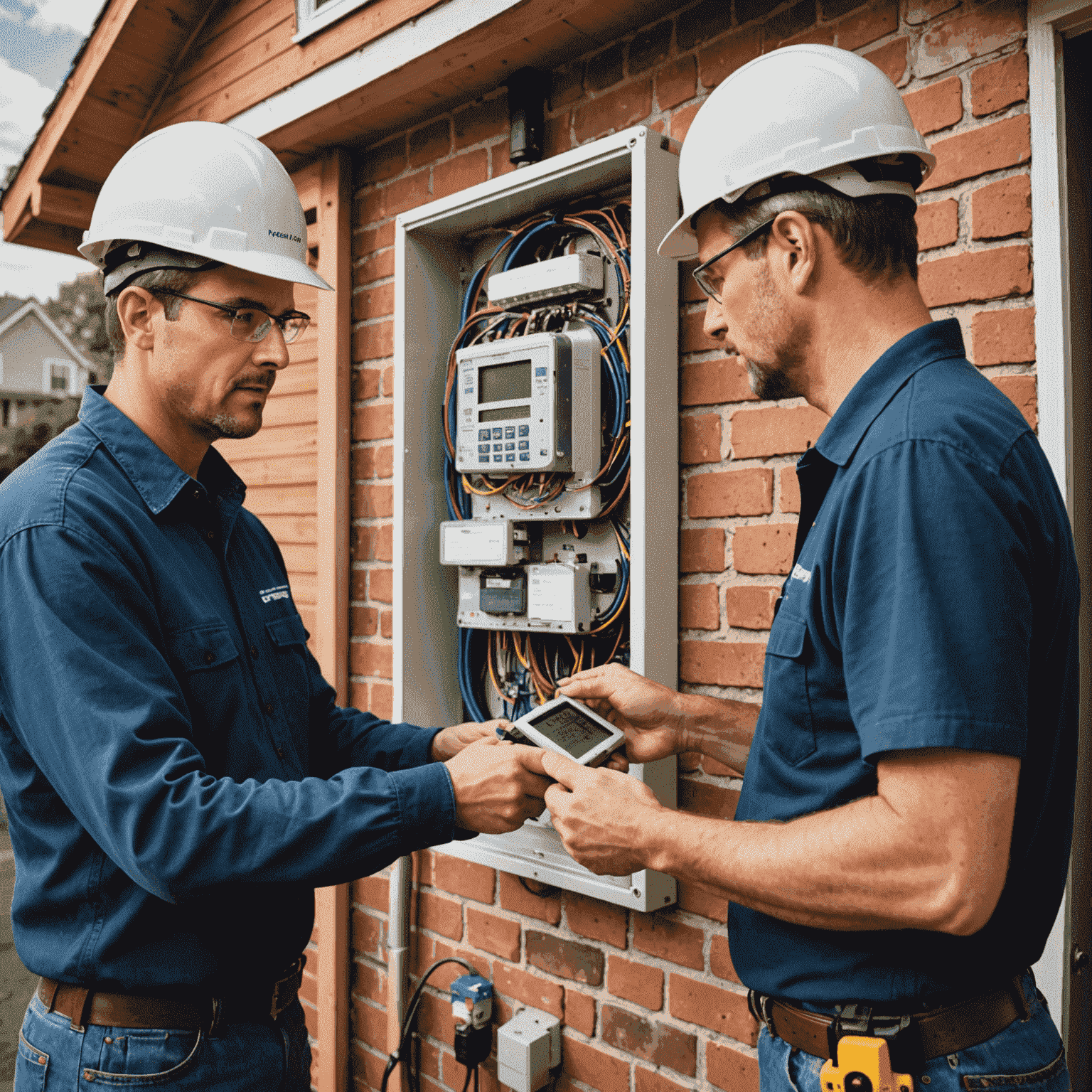 Smart meter being installed on a house with a technician explaining its features to a homeowner.