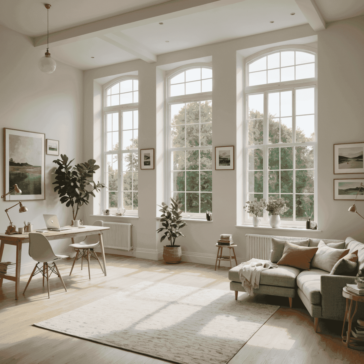 A bright, airy room with large windows allowing natural light to flood in